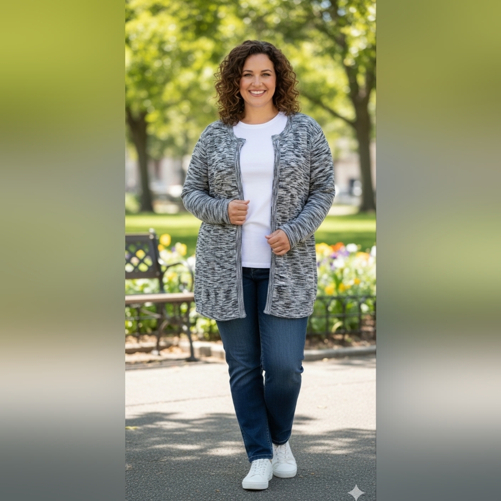 3X Woman Within Gray Black Open Knit Cardigan Long Sleeve